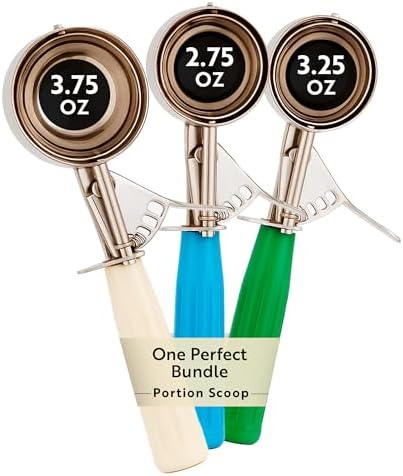 Restaurantware Bundle: 2.75/3.25/3.75 oz Portion Control Ice Cream Scoops, Trigger Release Dishers (Blue, Green, Ivory Handles) for Cookie Dough, Baking, Cupcake Batter