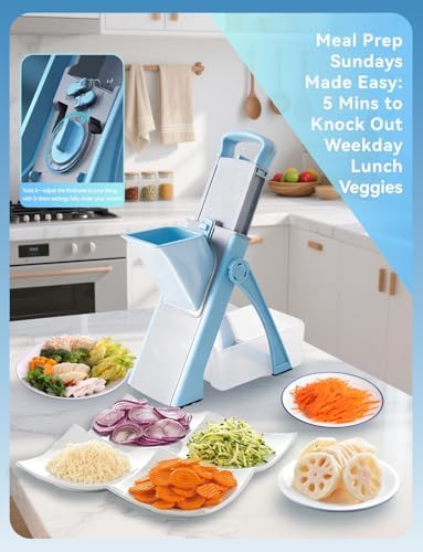 Safe mandoline slicer for kitchen, 8 in 1 Vegetable Chopper, Adjustable food chopper with container, french fry cutter for potatoes, salad chopper tool, Kitchen Chopping Artifact, Gift (SkyBlue)