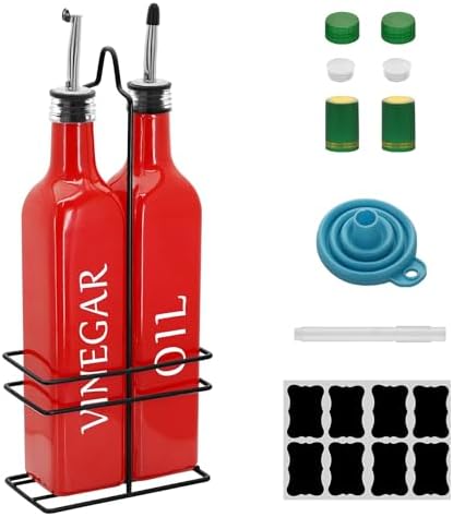 Farmhouse Oil and Vinegar Dispenser Set, 17 oz, beautiful olive oil dispenser, includes a black steel rack and a funnel, vintage cruets for vinegar and oil (Red)
