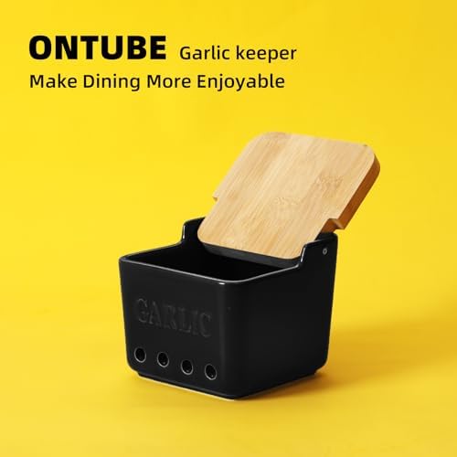 ONTUBE Garlic Keeper with Lid, Ceramic Garlic Holder Storage 4.7-Inch (Black)