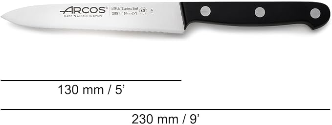 Arcos Paring Knife 5 Inch Stainless Steel. Serrated Tomato Knife for Cutting and Chopping. Ergonomic Polyoxymethylene Handle and 130mm Blade. Series Universal. Color Black