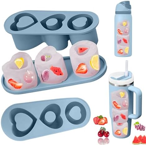 Ice Cube Trays for Stanley Cup 20 30 40 OZ Tumbler Ice Mold Heart Shape Silicone Ice Cube Tray with Lid, Stanley Ice Mold and Maker Ice Cube for Cocktails, Whisky, Juice (20-30 OZ, Blue)