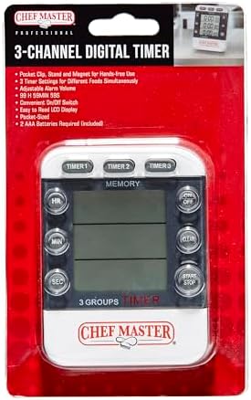 3-Channel Digital Timer by Chef Master, Triple Channel Count Up/Down Kitchen Digital Timer for Cooking, Roasting, Grilling, Marinade, Boiling, Baking, Pocket Clip, Stand & Magnet for Hands Free -90271