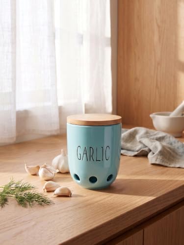 Ceramic Garlic Saver Container with Wood Lid (Turquoise)
