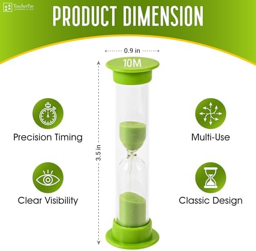 Sand Timer for Kids - 10 Minute Set of 4 Hour Glass - Green Color- Acrylic Covered for Classroom, Home & Kids Room