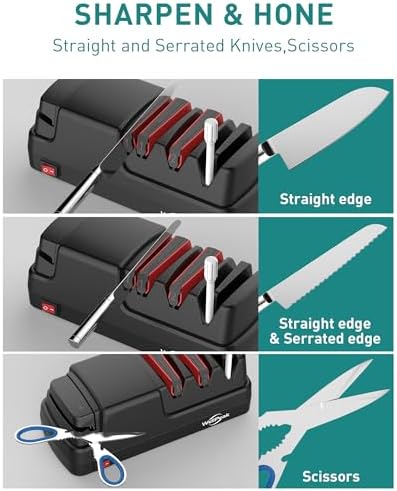 4-Stage Professional Electric Knife & Scissor Sharpener for Home Commercial Chef, Diamond Abrasive for Straight Edge Chef Knives, Detachable Ceramic Hone Rod for Serrated Knives Polishing