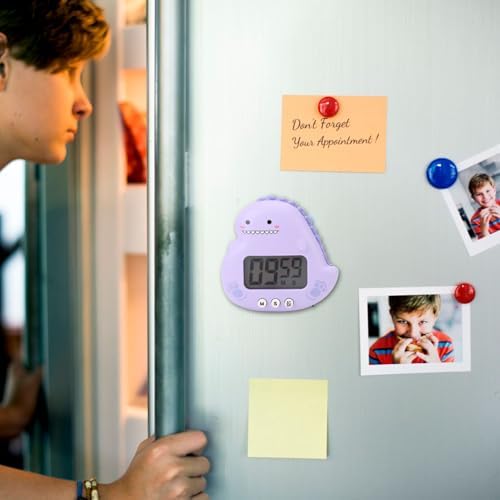 Digital Kitchen Timer with LCD Display, Cute Cartoon Dinosaur Design, Violet, Magnetic Back and Stand for Classroom, Home Study