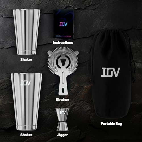 IOV Boston Cocktail Shaker Bar Set, Bartender Kit Drink Mixer Set with 18 oz & 28 oz Boston Shakers, Hawthorne Strainer, Double Jigger, Bar Tool Kit and Recipe Booklet - Silver