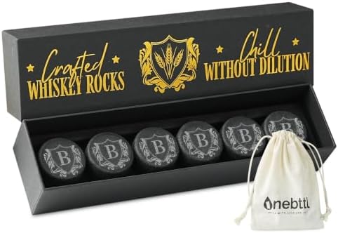 Onebttl Whiskey Gifts for Men, Whiskey Rocks with Initials Set of 6, Bourbon Chilling Stones for Whisky Lovers with Gift Box for Christmas, Father's Day, Retirement, B