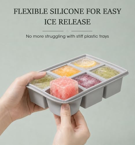 DOQAUS Silicone Ice Cube Tray, 2 Inch Large Square Ice Cube Mold with Lid, BPA Free Flexible Ice Tray for Whiskey, Cocktails, Freezer, Easy Release (2 Packs)