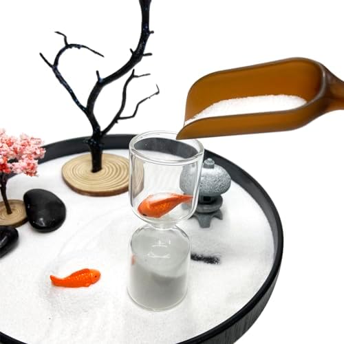 Desktop Zen Garden with Refillable Hourglass and Koi Fish – Miniature Japanese Rock Garden Kit with Sand, Rake, and Accessories – Stress Relief Desk Decor for Home & Office