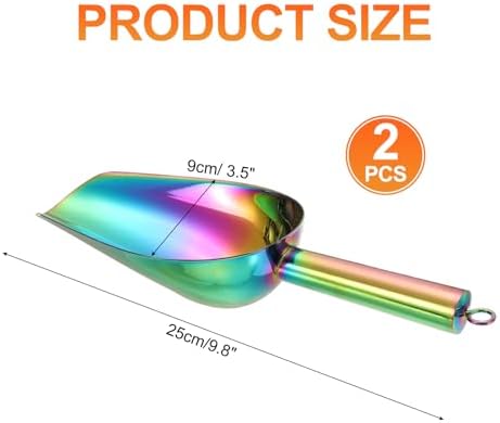 uxcell 2pcs Metal Ice Scoop, 9.8" x 3.5"Stainless Steel Ice Scooper for Kitchen Party Bar Wedding Use, Rainbow
