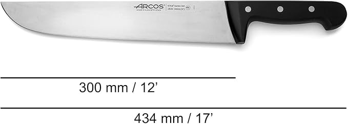 Arcos Butcher Knife 12 Inch Nitrum Stainless Steel and 300 mm blade. 394 gr. Professional Cleaver Knife. Ergonomic Polyoxymethylene POM Handle. Series Universal. Color Black
