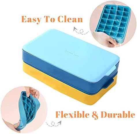Vemolea 2 PACK Silicone Ice Cube Tray, 24 Ice Molds Easy-Release Flexible Ice Maker with Removable Lid, for Whiskey Wine Cocktails Juice Soups - Blue & Yellow, Christmas Gifts