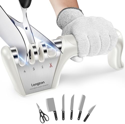 Longzon 5-in-1 Knife Sharpener 4 Stage with Cut-Resistant Glove, Off-white