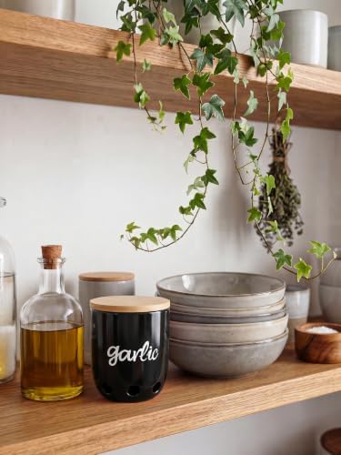 Ceramic Garlic Keeper for Counter with Wood Lid (Black)