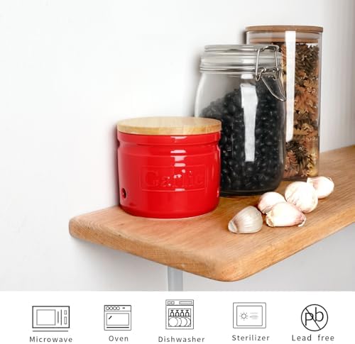 ONTUBE Ceramic Garlic Keeper with Wooden Lid 4-Inch,Garlic Holder (Red)