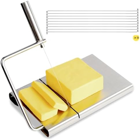 Cheese Slicer with 9 Replacement Wires, Heavy-Duty Stainless Steel Cheese Cutter Board, for Block Cheese, Dishwasher Safe