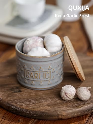 Ceramic Garlic Keeper with Lid, Garlic Holder 4.3-Inch (Vintage Grey)