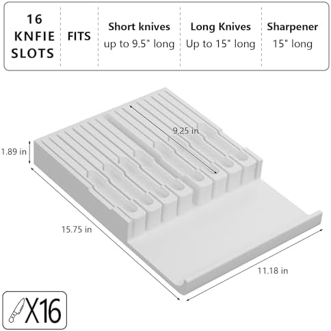 Domax Bamboo In-drawer Knife Block - Kitchen Knife Drawer Organizer Insert, Knife Holder without Knives Large, Drawer Knife Organizer Fits for 16 knives and 1 Sharpening Steel (Not Included), White