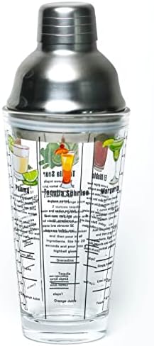 14 oz Recipe Glass Cocktail Shaker With Strainer Top - Includes 6 Cocktail Drink Recipes (Tequila Theme)
