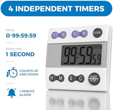 Sper Scientific Portable Digital Kitchen Timer 810015 for Cooking and Baking with Loud Alarm, 4 Channel Timer, Large Display Digital Lab and Cooking Timer, Classroom Timer for Teachers and Students