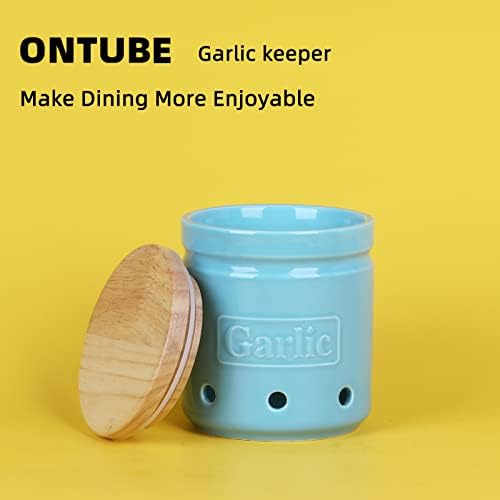 ONTUBE Garlic Keeper with Wooden Lid, 4.5-Inch Ceramic Garlic Holder 24oz (Turquoise)