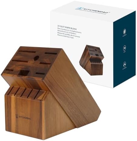 KITCHENDAO 14 Slot Acacia Wood Knife Block without Knives, Universal Knife Holder for Kitchen, Holding Multiple Types of Knives, Countertop Butcher Block Knife Stand for Easy Kitchen Storage