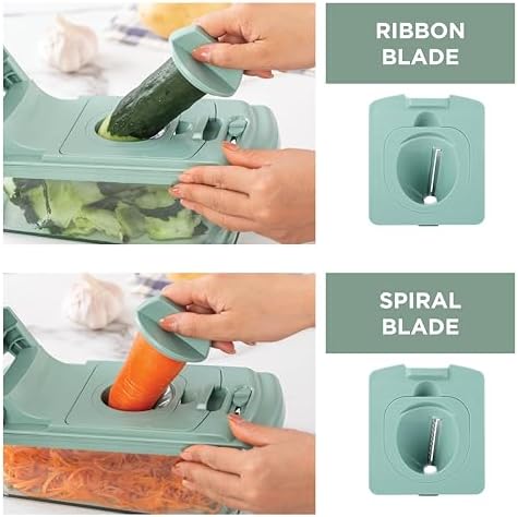 ook with Color Vegetable Chopper - Multifunctional 11 in 1 Vegetable Chopper with Container - Food Chopper to Dice, Chop, Slice, Julienne and Spiralize, Sage