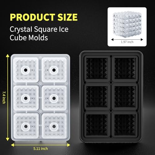 6 Chamber 1.97” 3D Crystal Square Ice Cube Tray With Funnel,Large Square Ice Molds Silicone Fun Shapes Whiskey Ice Cube Tray,For Chilling Whiskey,Cocktails,Bourbon,Brandy and Beverages