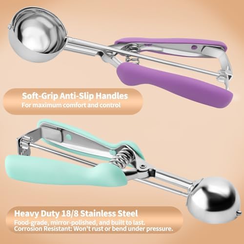 2Pcs Cookie Scoop Set, 18/8 Stainless Steel Cookie Dough Scoops with Lavender & Mint Green Ergonomic Handles, Professional Metal Scooper for Baking, Ice Cream & Cupcakes, 2 Tbsp&3 Tbsp