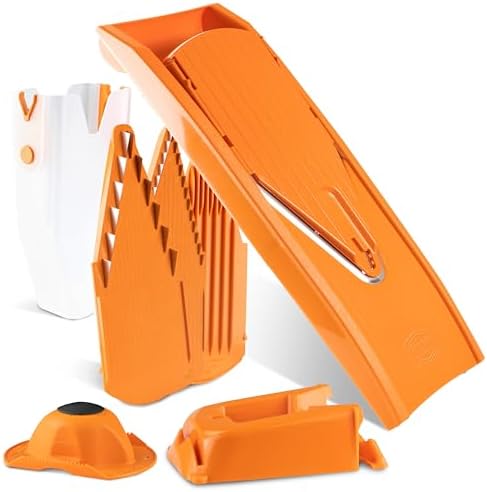 Mandoline Food Slicer Börner V1 (Profi Set) by Reston Lloyd • V-Slicer with 4 Inserts, Docking Station & Food Holder • Made in Germany • Fruit & Vegetable Chopper • Multiple Settings • Color: Orange