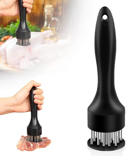 Stainless Steel Meat Tenderizer, 2025 Upgraded Stainless Steel Meat Tenderizer Needle 21 Pin Steak, Ultra Sharp Needle Blades Chicken BBQ Kitchen Cooking Tool, With Pounding Steak Mallet Tool (Black)
