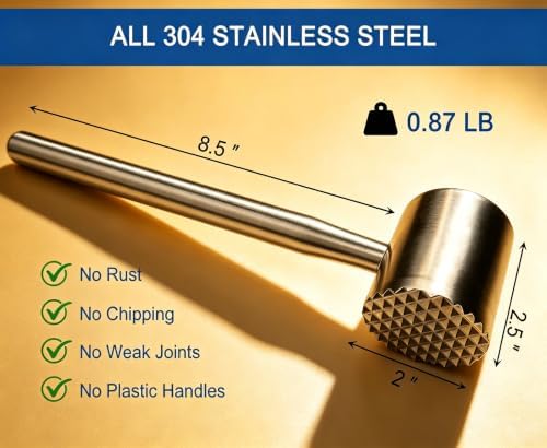 304 Stainless Steel Meat Tenderizer Mallet, Dual-Sided Meat Hammer for Steak & Chicken