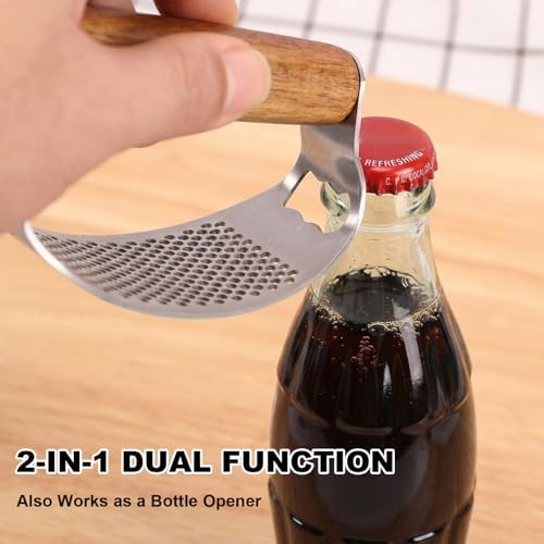 Garlic Press Stainless Steel, 2-in-1 Garlic Press & Bottle Opener with Ergonomic Wooden Handle, Includes Silicone Peeler, Cleaning Brush for Effortless Chopping of Garlic and Ginger