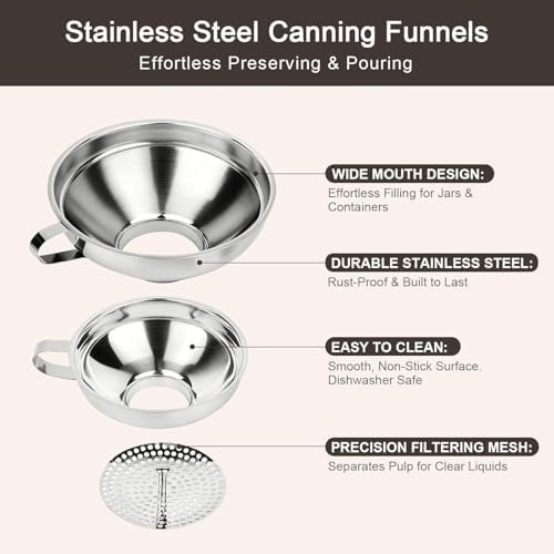 Canning Funnel with Strainer, Wide Mouth Funnels for Filling Wide and Regular Mason Jars Three-Piece Set, Food Grade Stainless Steel Canning Supplies for Kitchen Use (Silvery)