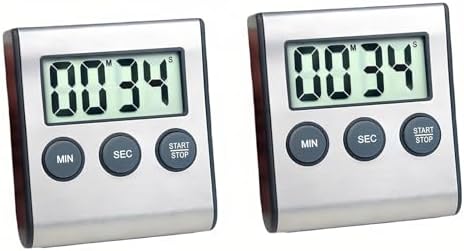 2 Pack Digital Kitchen Timer with Magnetic Countdown Loud Alarm Hanging Hole Bracket Stainless Steel Battery Easy to Carry for Cooking Baking Sports (Silver)