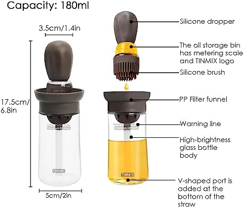 Oil Dispenser with Brush - 2 IN 1 Glass Olive Oil Dispenser for Cooking, Upgrade T-OB21S Oil Dispensing Bottle with Silicone Basting Brush for Vinegar Sauce BBQ Grill Frying Kitchen, Brown
