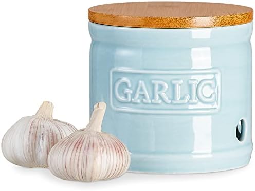 ONEMORE Garlic Keeper with Lid, Ceramic Garlic Saver 4 inch, Light Blue