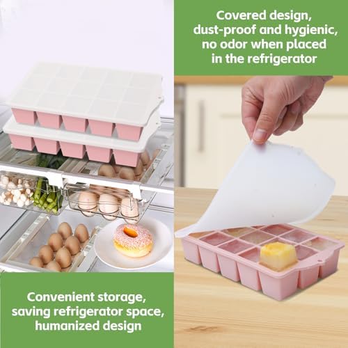 FANYITY Silicone Ice Cube Tray with Lid Pink, Pack of 4 Ice Cube Moulds, Ice Cube Trays for Baby Porridge, Cocktail, Coffee