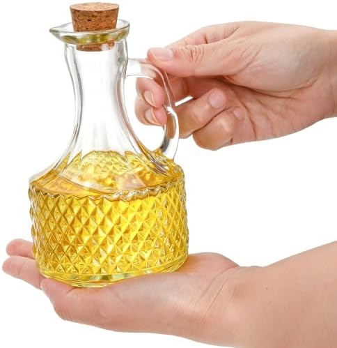 Frcctre 4 Pack Glass Oil and Vinegar Cruets Bottles, 13.5 Ounce Glass Olive Oil Dispenser Bottle with Handle and Cork, Soy Sauce Salad Dressing Syrup Liquid Dispenser for Kitchen