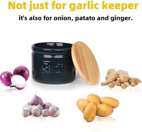 ONTUBE Ceramic Garlic Keeper with Wooden Lid 4-Inch,Garlic Holder (Navy)