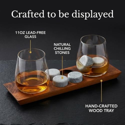 Godinger Whiskey Glasses, Drinking Glasses, Bar Glasses, Wine Glasses, Stemless Glasses, and Chilling Rocks Whiskey Stones Bar Set on Wooden Display Tray