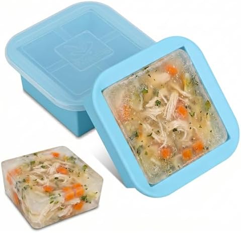 Silicone Freezer Tray with Lid 2 Pack Silicone Freezer Molds Ice Cube Tray Makes 2 Perfect 2 Cup Portions Soup Cubes Meal Prep Containers- Oven & Dishwasher Safe