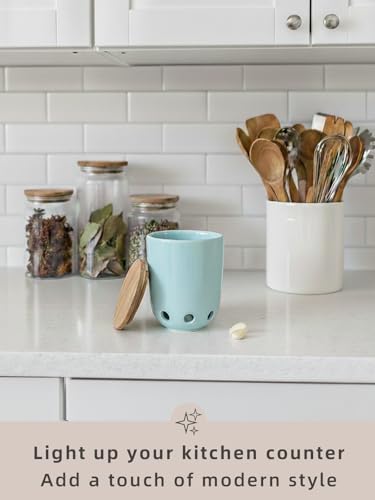 LEETOYI Ceramic Garlic Keeper for Counter, Garlic Holder with Wood Lid (Turquoise)