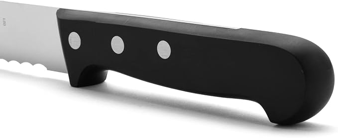 Arcos Bread Knife 10 Inch Nitrum Stainless Steel and 250 mm blade. Obtain a great variety of cuts for your food. Ideal knife for daily domestic use. Series Universal. Color Black.