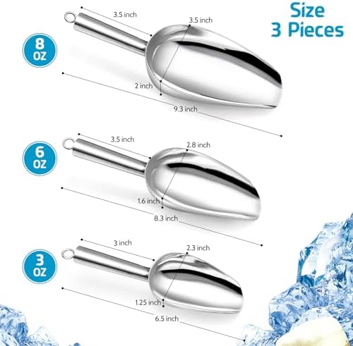 P&P CHEF Ice Scoop Set of 3, Stainless Steel Food Scoop,3+6+8 Oz & Silver