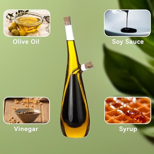 Lily's Home Glass Olive Oil and Vinegar Dispenser Bottle, for Kitchen Counter Cooking Salad, Dressing Leakproof 2 in 1 Cruet Containers (15 Ounces & 10 Ounces)