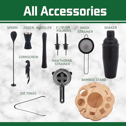 Cocktail Shaker Set Bartender Kit with Rotatble Bamboo Stand,11 Piece Bar Set Stainless Steel Bar Accessories for Drink Mixing, Bar, Home, Party (Frosted Black)