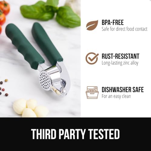 GORILLA GRIP Garlic Press and Peeler Set, Heavy Duty Mincer, Hunter Green